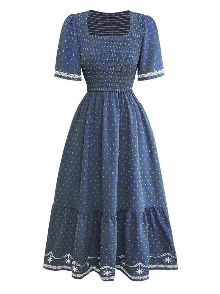 Robe jacquard smockée encolure carrée et broderies années 1940