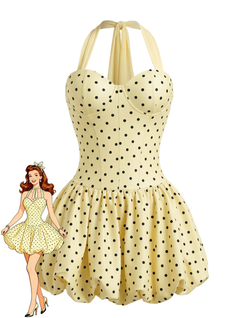 Robe Tulipe Halter à Pois Jaune Années 1960