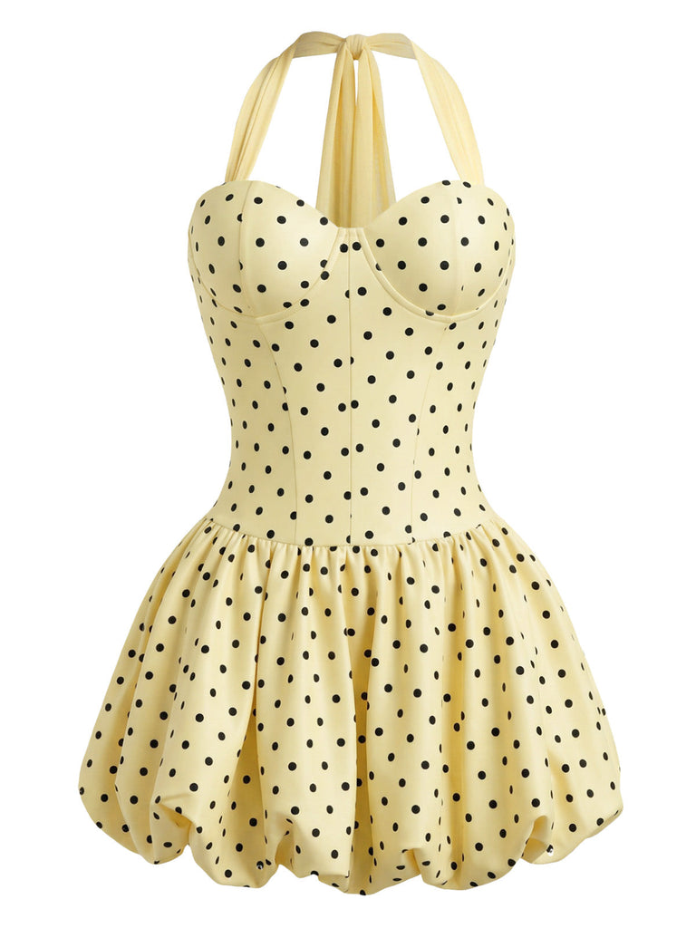 Robe Tulipe Halter à Pois Jaune Années 1960 2