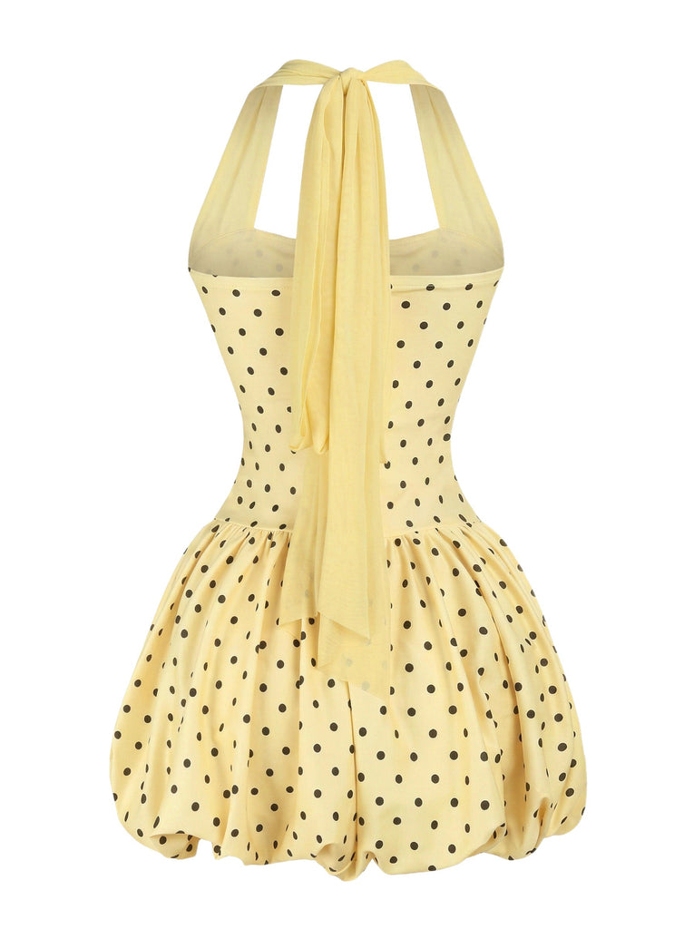Robe Tulipe Halter à Pois Jaune Années 1960 3