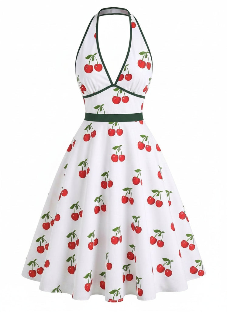 [Prévente] Robe blanche col V et dos nu motif cerises années 50