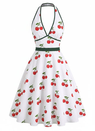 [Prévente] Robe blanche col V et dos nu motif cerises années 50