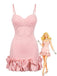 Robe Rose à Bretelles Fines et Ourlet à Volants Années '60