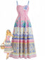 Robe Longue Rose Bretelles Spaghetti Imprimé Tropical Années 1970