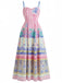 Robe Longue à Bretelles Spaghetti Imprimé Tropical Rose Années 1970 2