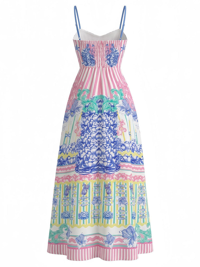 Robe Longue à Bretelles Spaghetti Imprimé Tropical Rose Années 1970 3