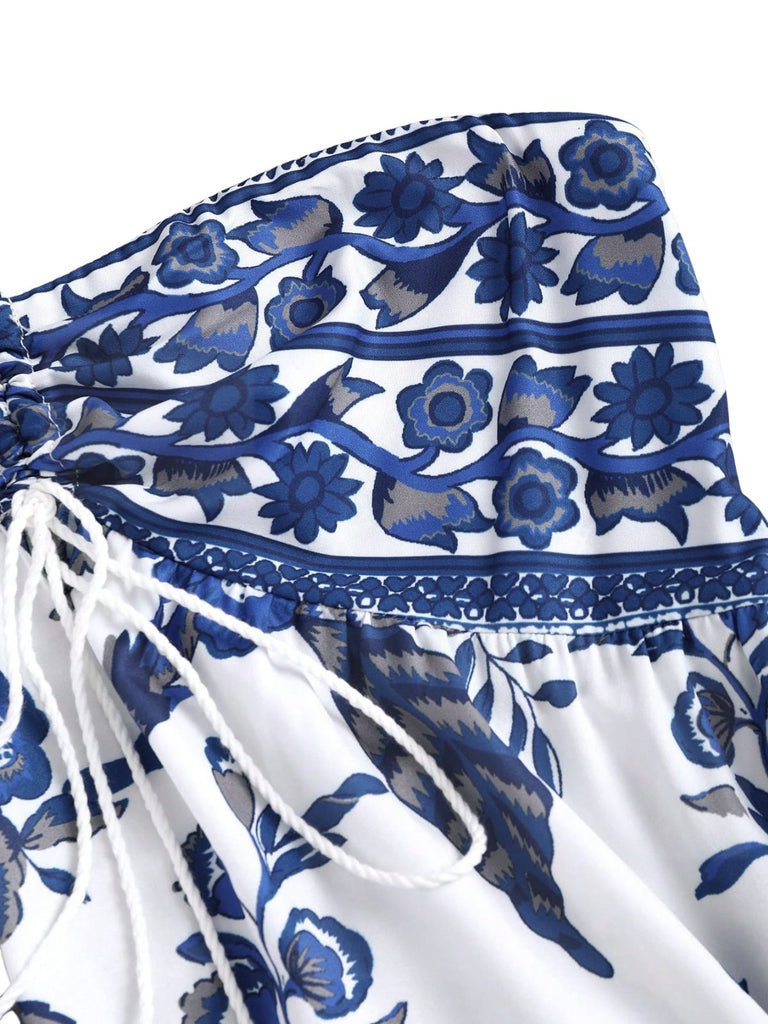 Robe Boho Bleue Halter à Nœud Imprimé Porcelaine Années '70 6