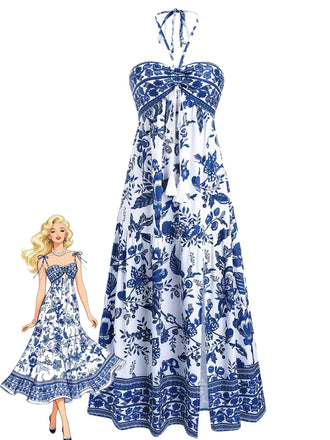 Robe Boho Bleue Halter à Nœud Imprimé Porcelaine Années '70