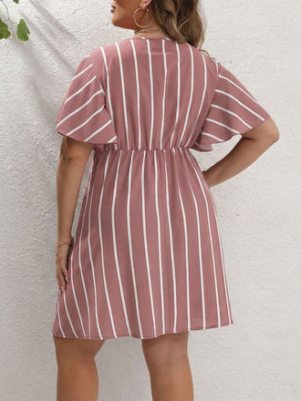 [Grande Taille] Robe Portefeuille Col V à Rayures Manches Volantées Années '70 2