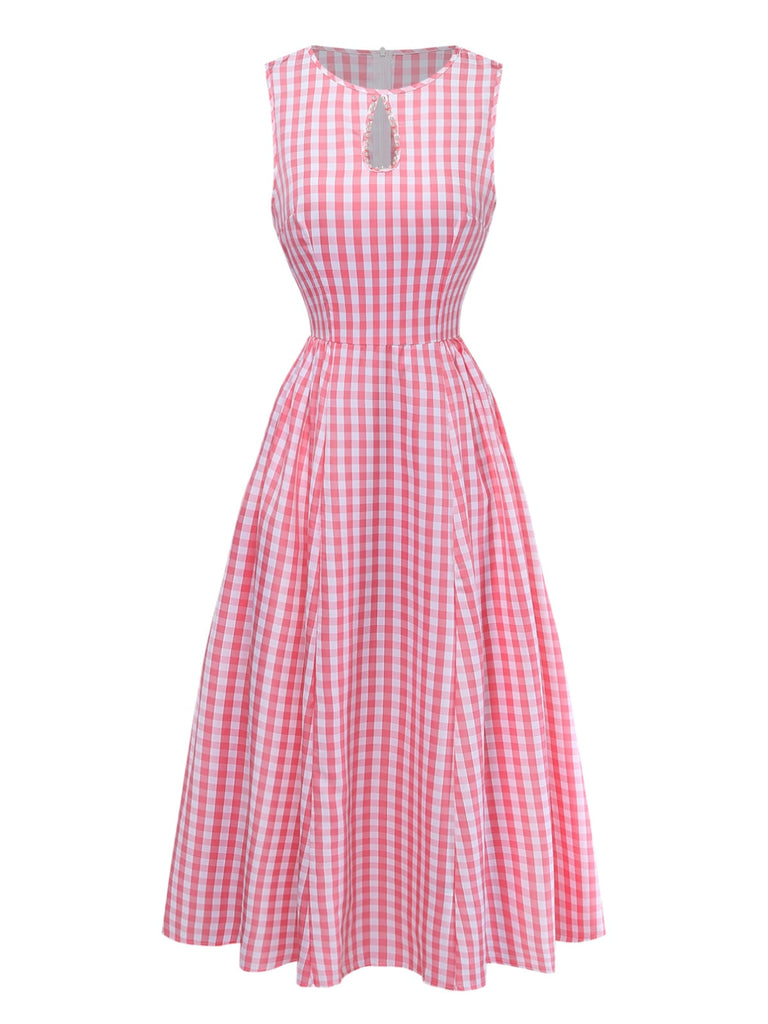 Robe Rose Vichy Encolure Trou de Serrure Évasé Midi Années 1950
