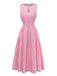 Robe Rose Vichy Encolure Trou de Serrure Évasé Midi Années 1950