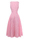 Robe Rose Vichy Encolure Trou de Serrure Évasé Midi Années 1950 2