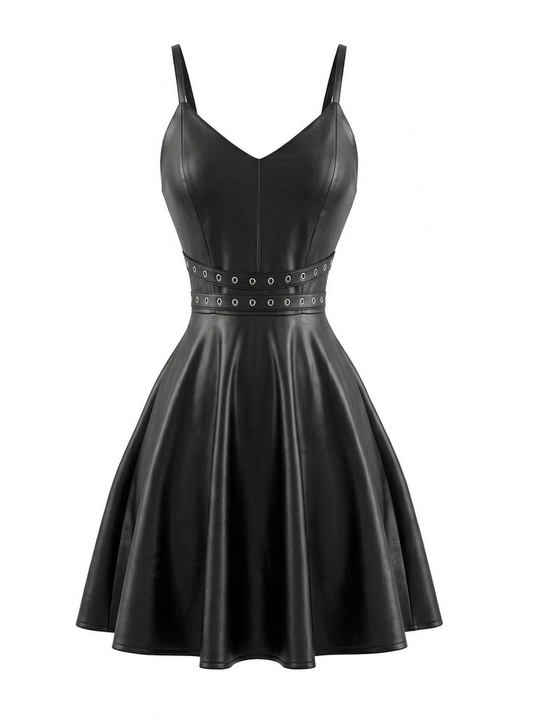 Robe Sans Manches Taille en Simili Cuir Noire Années 1950