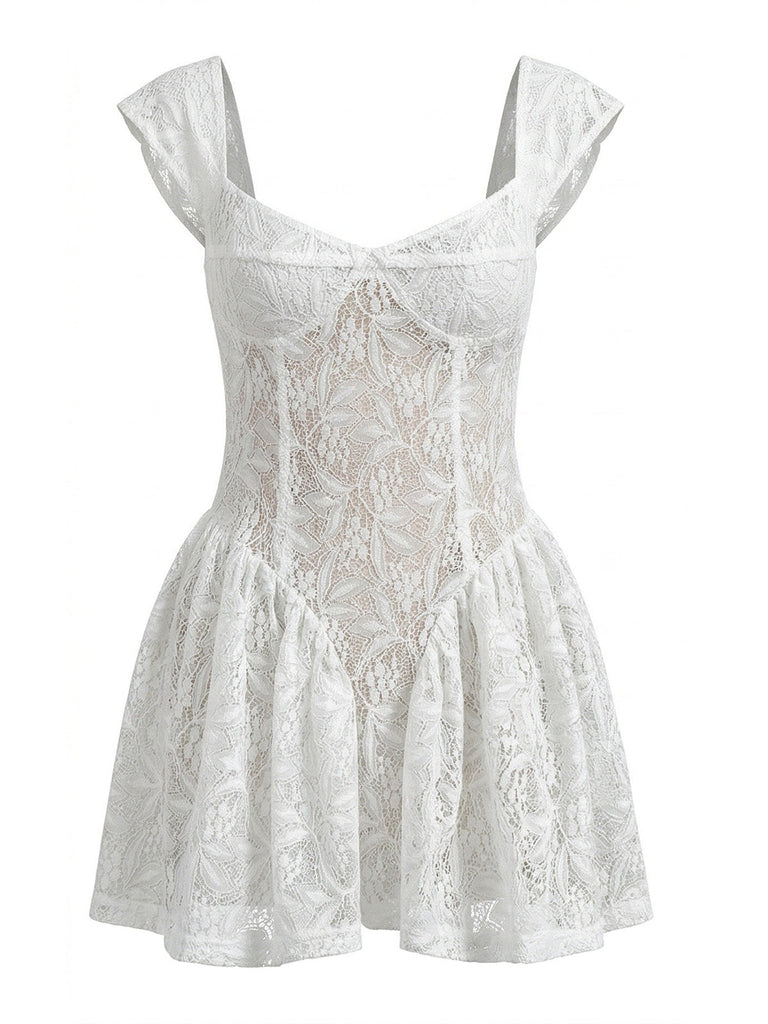 Robe Slim en Dentelle Cap Sleeve Fitted Waist Blanc Années 1950