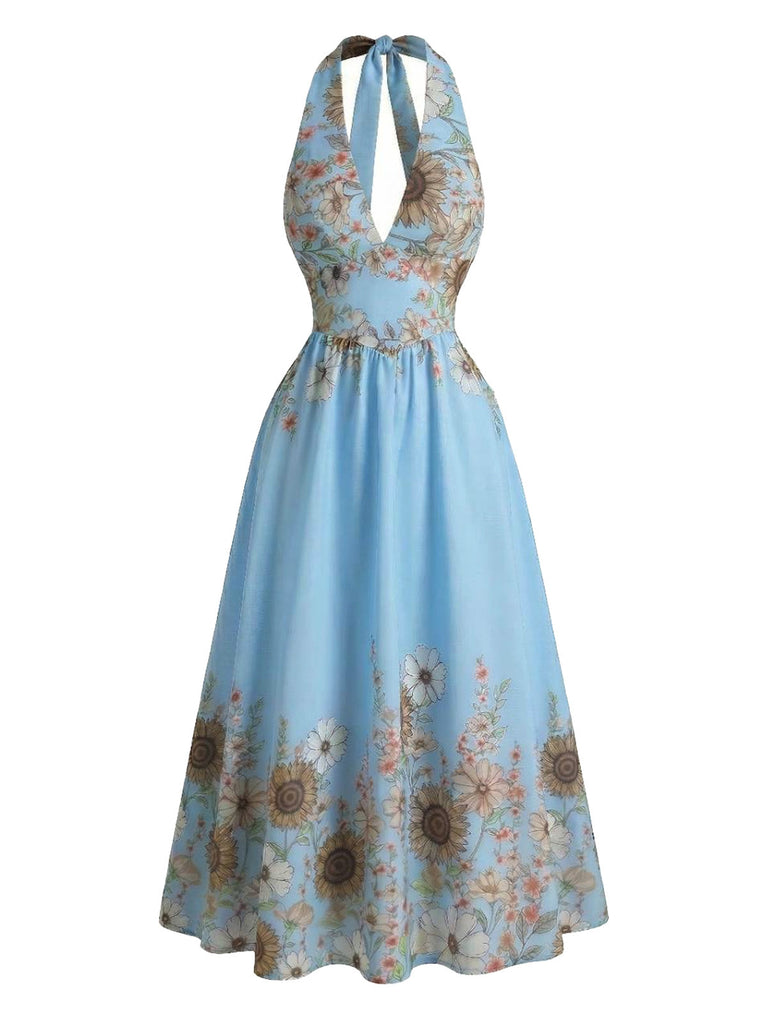 Robe Halter Col V Sunflower Fitted Waist Évasé Années 1950