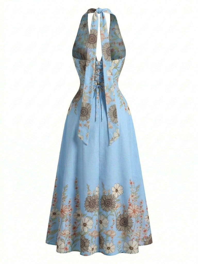 Robe Halter Col V Sunflower Fitted Waist Évasé Années 1950 2