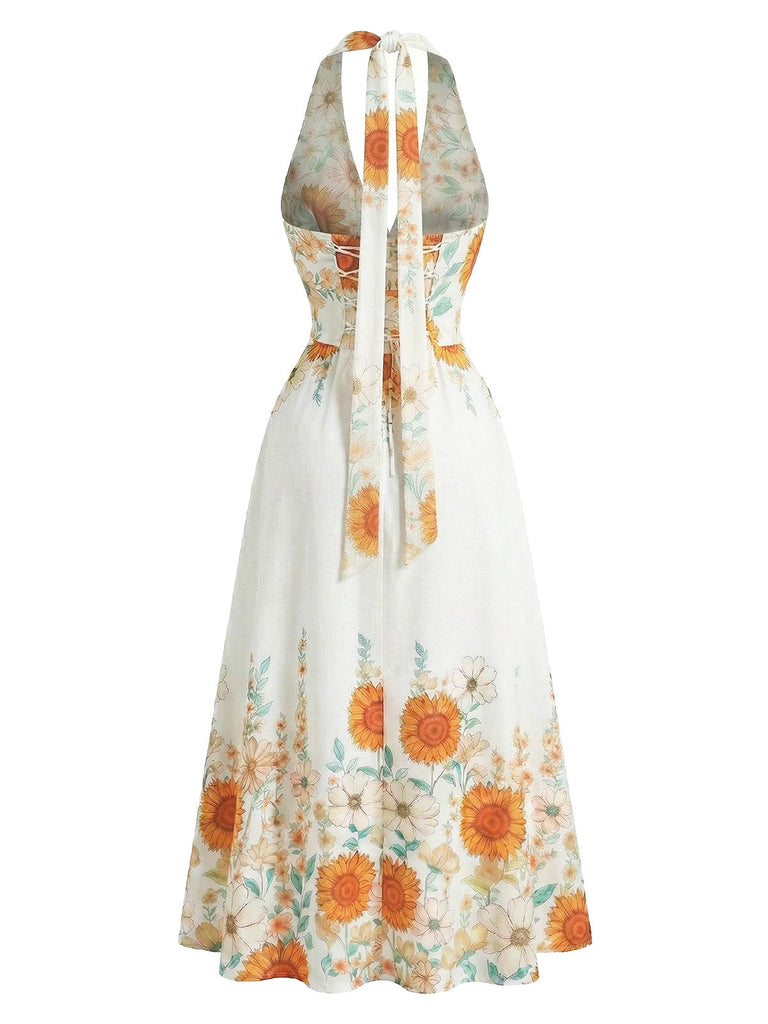 Robe Halter Col V Sunflower Fitted Waist Évasé Années 1950 9