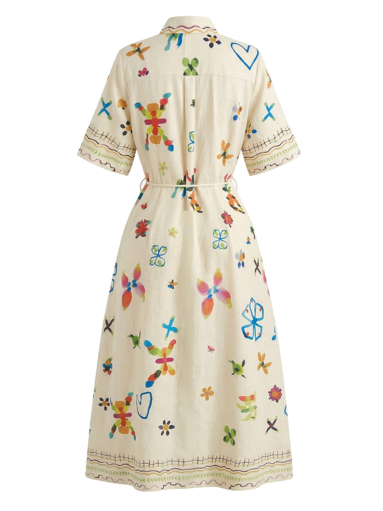 Robe Maxi Chemise Demi-Manches Floral Folklorique Beige Années 70