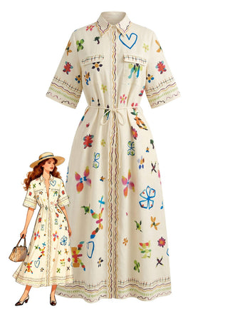 Robe Maxi Chemise Demi-Manches Floral Folklorique Beige Années 70
