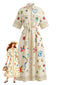 Robe-chemise beige folk motifs floraux et manches mi-longues années 1970