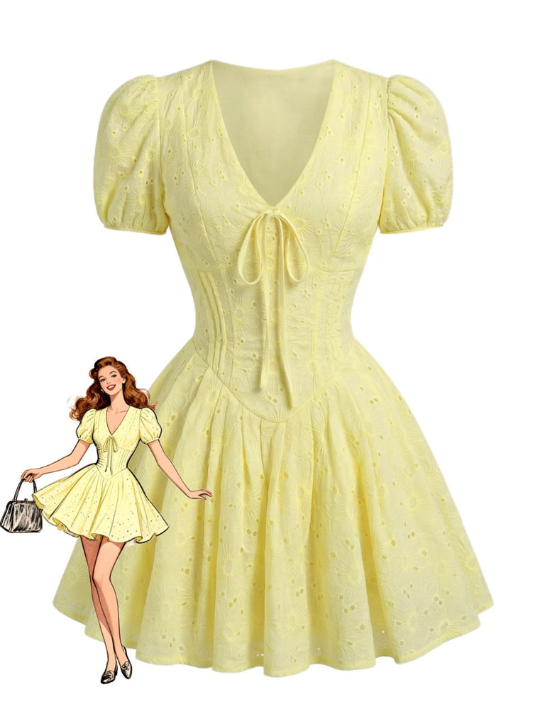 Mini Robe en Coton Brodée à Manches Bouffantes Col V Jaune Années 1960