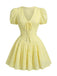 Mini Robe en Coton Brodée à Manches Bouffantes Col V Jaune Années 1960 2