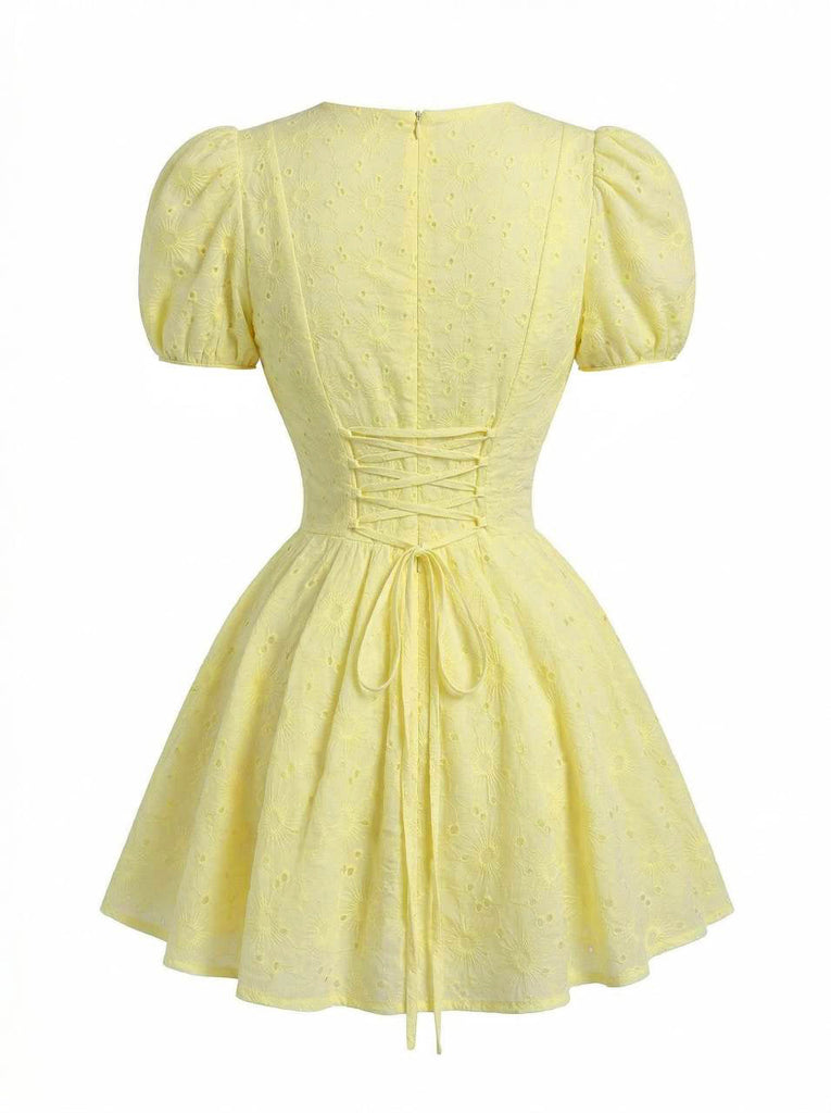 Mini Robe en Coton Brodée à Manches Bouffantes Col V Jaune Années 1960 5
