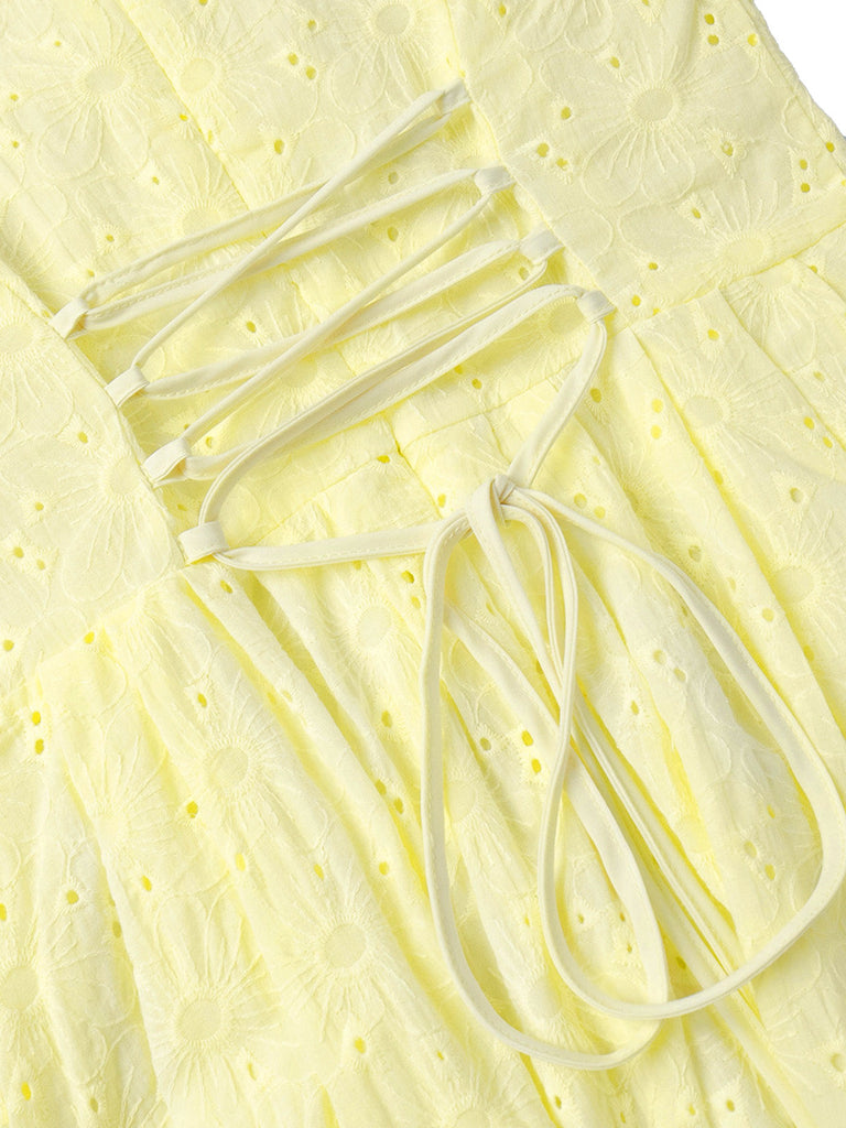 Mini Robe en Coton Brodée à Manches Bouffantes Col V Jaune Années 1960 6