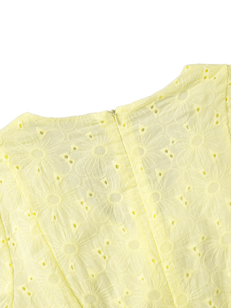 Mini Robe en Coton Brodée à Manches Bouffantes Col V Jaune Années 1960 8