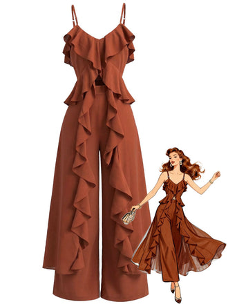 2PCS Haut à Bretelles et Pantalon à Volants Cascade années 70