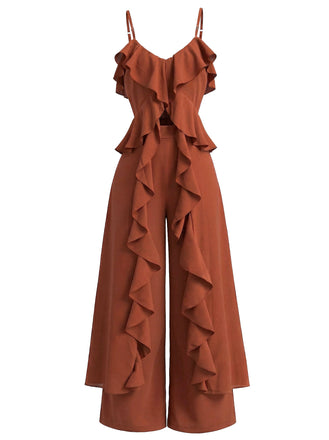 2PCS Haut à Bretelles et Pantalon à Volants Cascade années 70 2