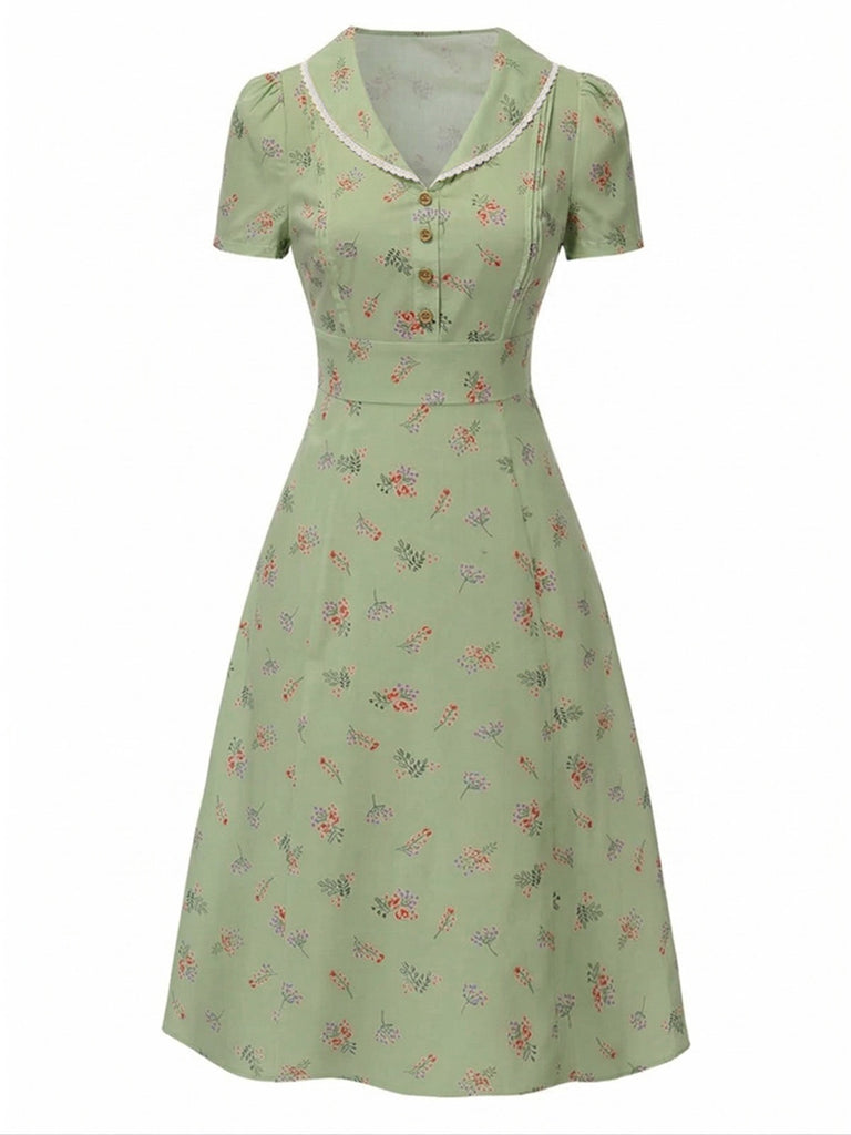 [Prévente] Robe vert à manches bouffantes et revers fleuris années 1940