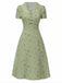[Prévente] Robe vert à manches bouffantes et revers fleuris années 1940