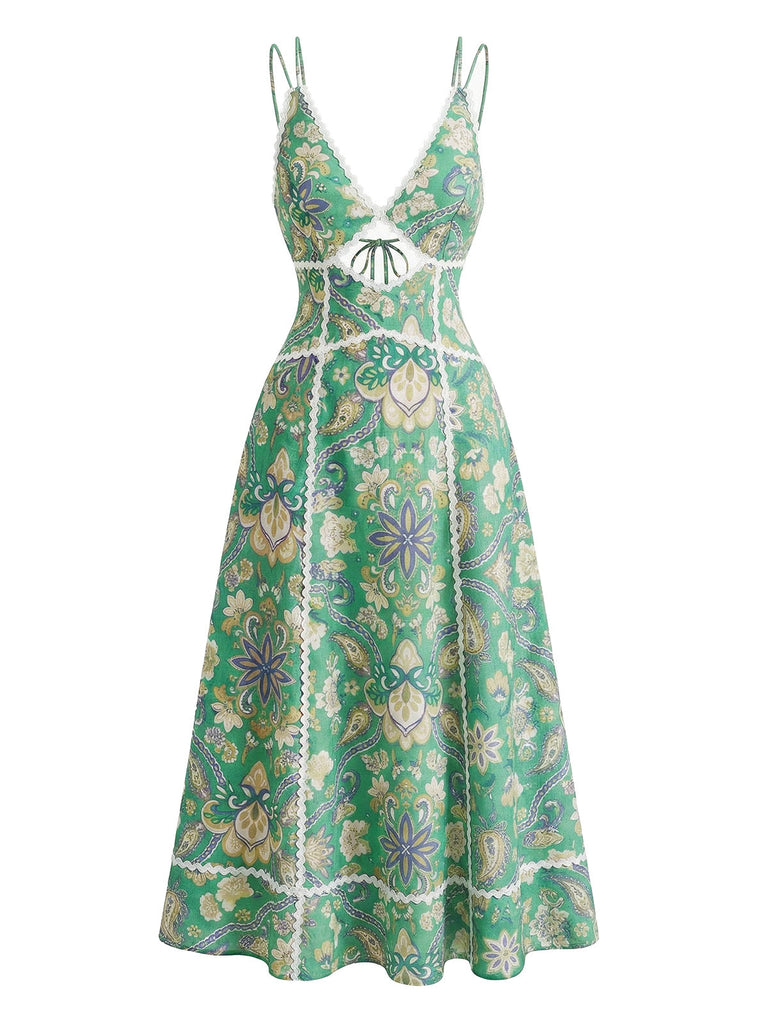 Robe Boho Paisley Floral Découpé Dos Nu Midi Vert Années 1970
