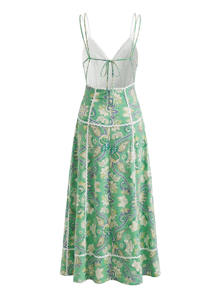 Robe Boho Paisley Floral Découpé Dos Nu Midi Vert Années 1970 2