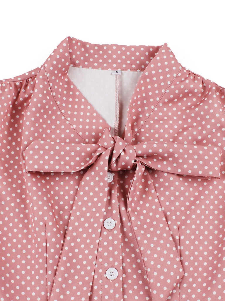 Robe Évasée à Pois avec Nœud Rose Années 1950 3