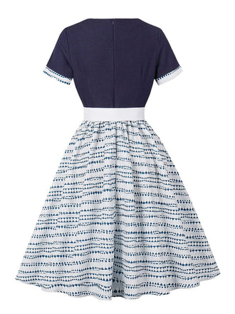 Robe Évasée Ceinturée Imprimé Géométrique Bleu Foncé Années 1950 2