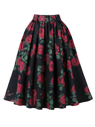 Jupe Plissée Imprimé Rose Floral Rouge Années 50