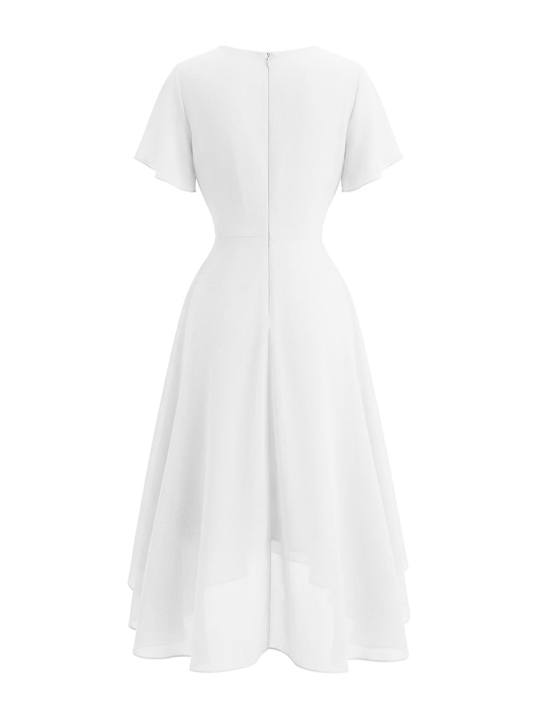 Robe Solid Col V à Volants Sleeve en Mousseline Asymmetrical Années 1950 5