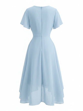 Robe Bleu Col V en Mousseline Asymmetrical Années 1950