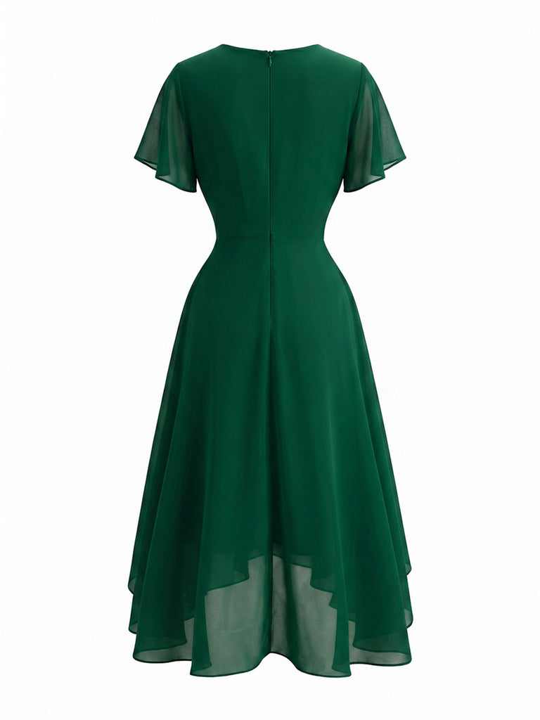 Robe Bleu Col V en Mousseline Asymmetrical Années 1950