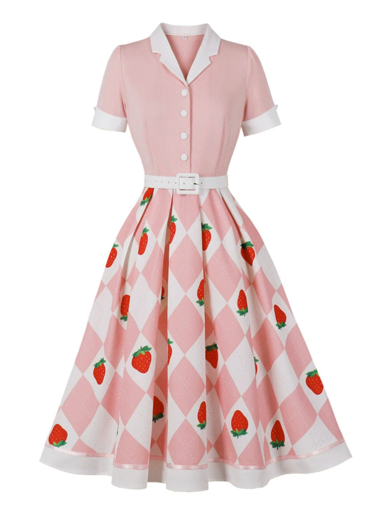 Robe Évasée à Carreaux Fraise Colorblock Col Revers Années 1950