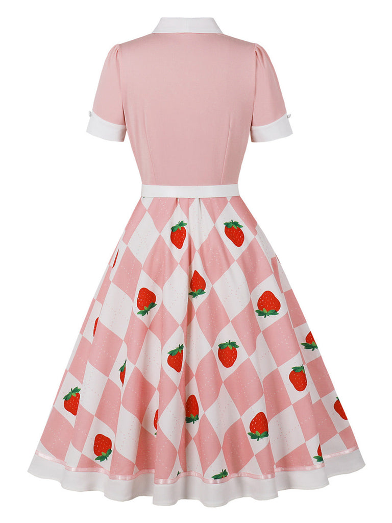 Robe Évasée à Carreaux Fraise Colorblock Col Revers Années 1950 2