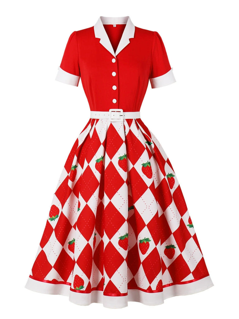 Robe Évasée à Carreaux Fraise Colorblock Col Revers Années 1950 5