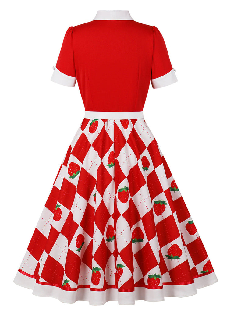 Robe Évasée à Carreaux Fraise Colorblock Col Revers Années 1950 6
