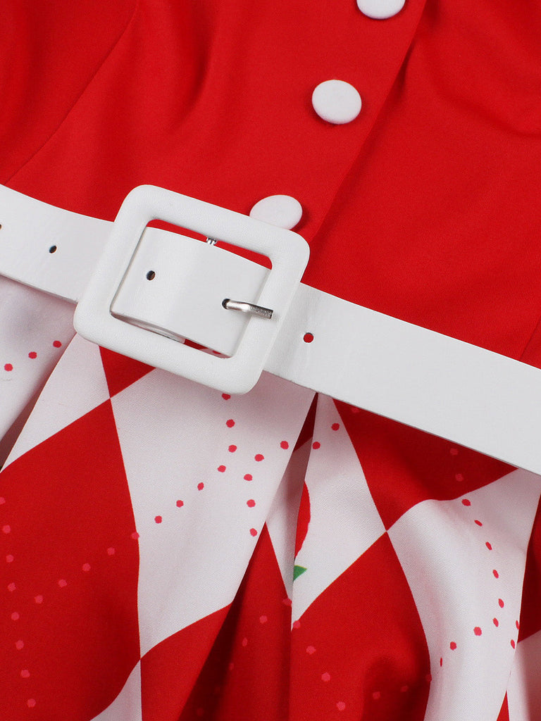 Robe Évasée à Carreaux Fraise Colorblock Col Revers Années 1950 7