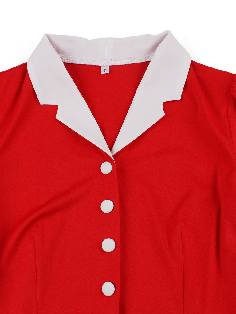 Robe Évasée à Carreaux Fraise Colorblock Col Revers Années 1950 8
