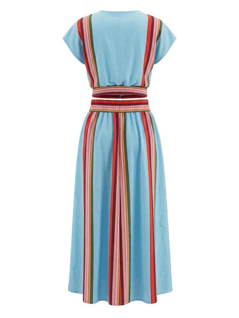 2PCS Ensemble haut col V et jupe rayés bleus années 1940