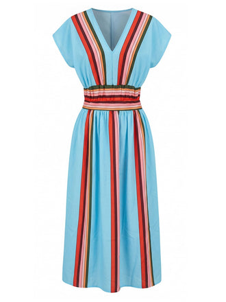 2PCS Ensemble haut col V et jupe rayés bleus années 1940