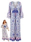 Combinaison bleue bohème motif floral liberty et manches évasées années 70